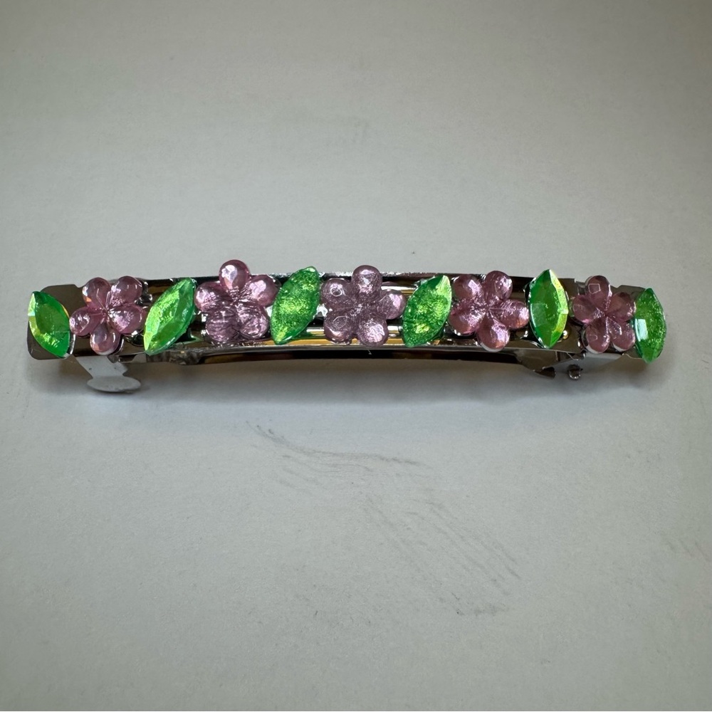 Hand Crafted Pink Floral and Green Leaf Hair Barrette
